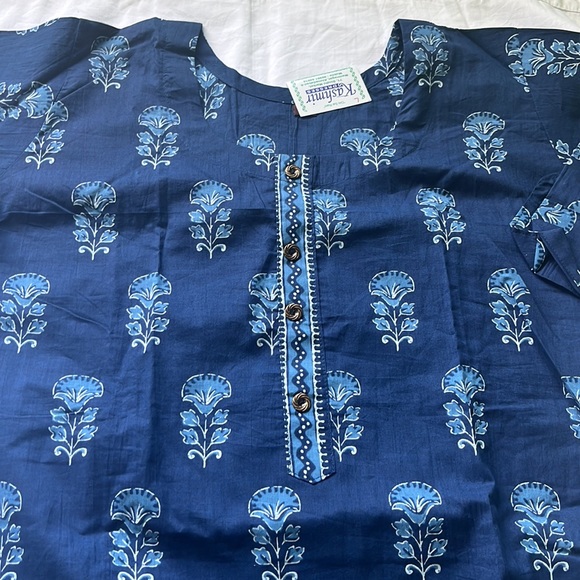 Printed blue Indian outfit top and bottom salwar kurti pant large - Picture 2 of 4